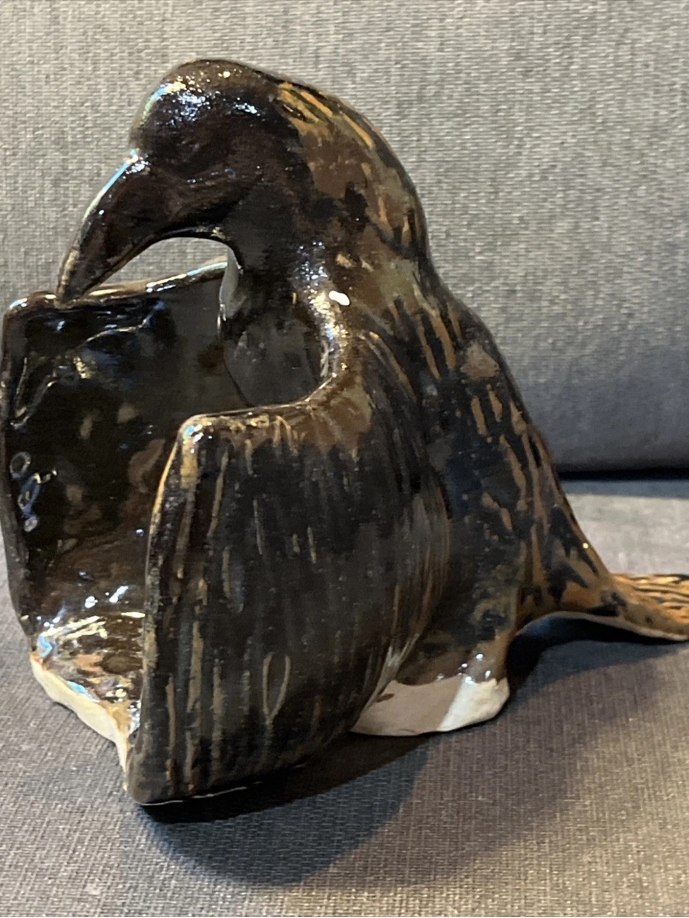 Handcrafted Black Ceramic Raven Bird Sculpture - Home Art spiritual nature